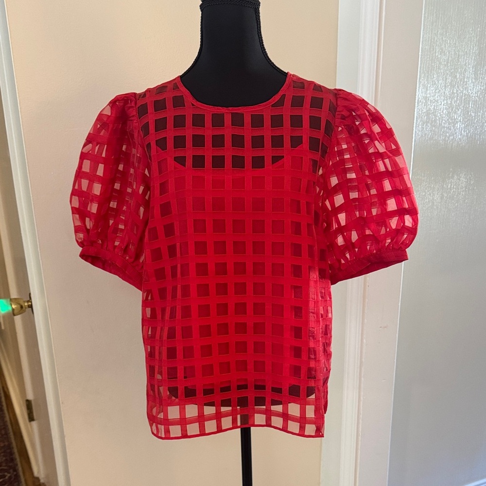 English Factory Red Puff Sleeve Grid Sheer Blouse